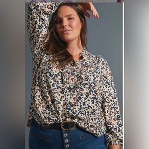 Anthropologie Maeve Katia Leopard Print Ruffle Shirt Blouse Top. Size 16.